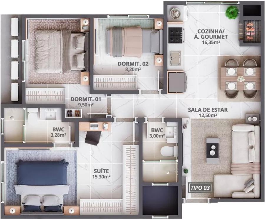 Planta do apartamento de 70m² do Mond