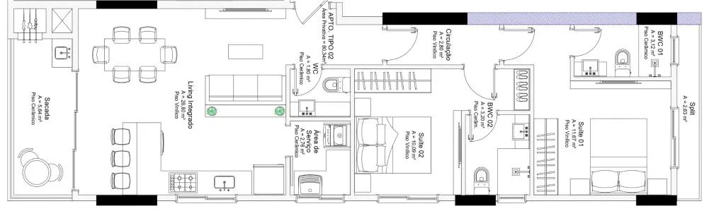 Planta do apartamento de 80m² do Catalunya