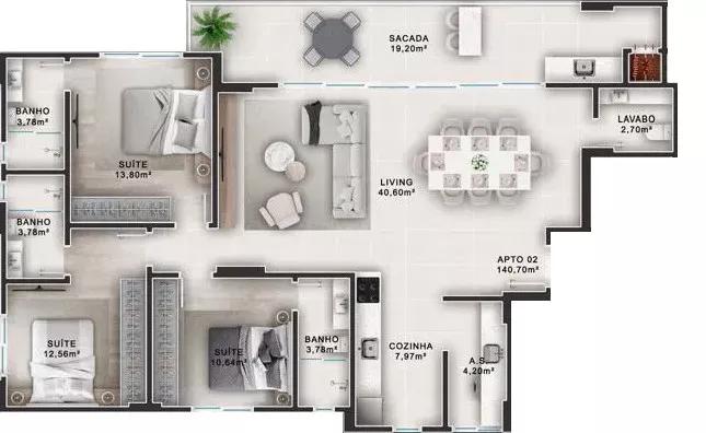 Planta do apartamento de 140m² do Ilha de Santorini