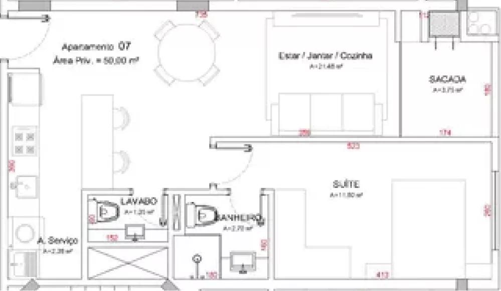 Planta do apartamento de 50m² do Collina del Mare