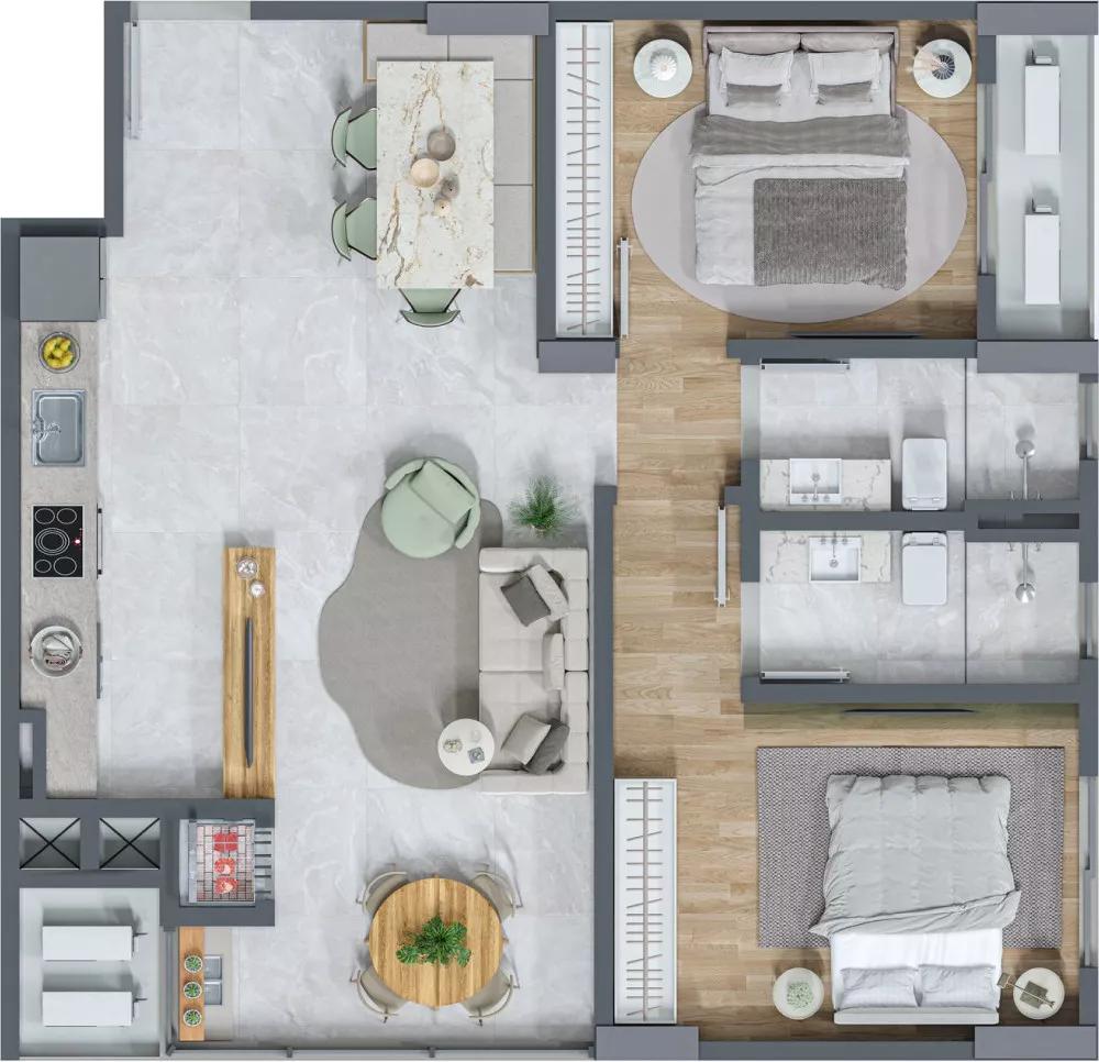 Planta do apartamento de 64m² do Twin Towers