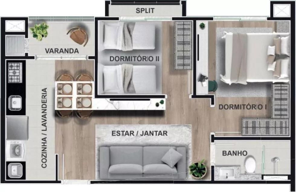 Planta 01 - 2 dorm 48m² do Merizzo Residencial