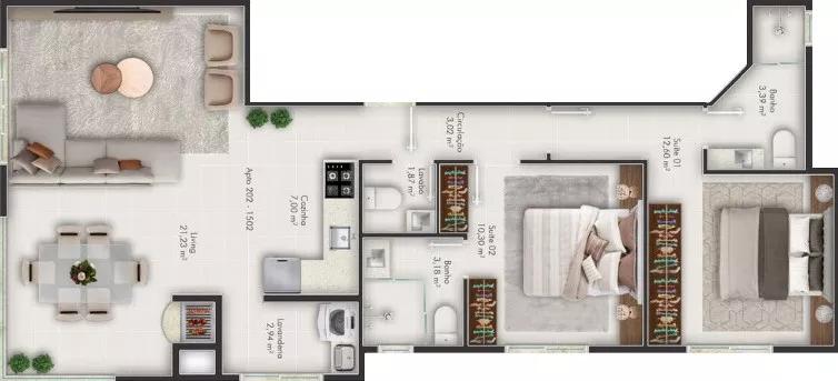 Planta do apartamento de 69m² do Garden View