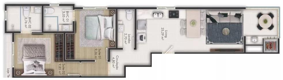 Planta do apartamento de 85m² do Vision Residence