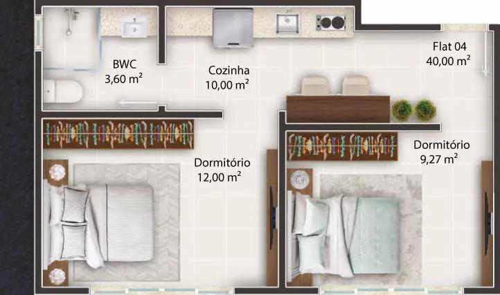 Planta do apartamento de 40m² do Le Rêve Flat