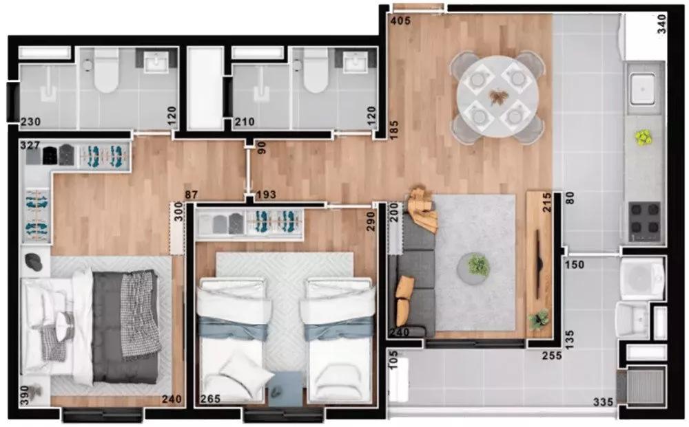 Planta apartamento 57,04m² do Verttice