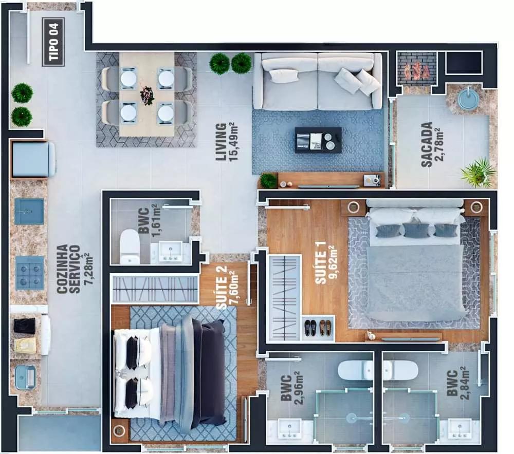 Planta do apartamento com 60m² do Vancouver Concept Torre A