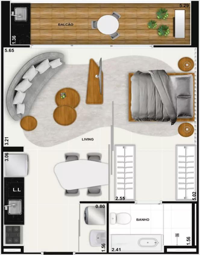 Apartamento de 1 quarto de 51m Hub Compact